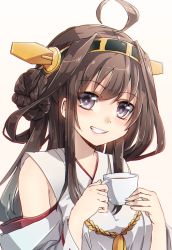 Rule 34 | 10s, 1girl, ahoge, black eyes, brown hair, cup, detached sleeves, grin, headgear, kantai collection, keita (tundereyuina), kongou (kancolle), long hair, looking at viewer, nontraditional miko, smile, solo, teacup, upper body