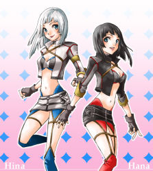 Rule 34 | 2girls, :d, belt, breasts, brown eyes, buckle, cleavage, hana (last remnant), hannah (last remnant), hina (last remnant), hinnah (last remnant), hitsuji nana, looking back, midriff, miniskirt, multiple girls, navel, open mouth, silver hair, skirt, smile, stomach, the last remnant, thigh strap, youshichi