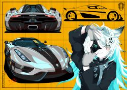 Rule 34 | 1girl, absurdres, animal ears, arknights, black jacket, blueprint background, car, commentary, english commentary, english text, fingerless gloves, gloves, grey car, grey eyes, grey gloves, hair between eyes, hair ornament, hands up, highres, jacket, koenigsegg (automobile), koenigsegg regera, lappland (arknights), long hair, long sleeves, looking at viewer, messy hair, motor vehicle, multicolored hair, multiple views, one eye covered, open mouth, perflatte, scar, scar across eye, scar on face, shadow, signature, simple background, smile, solo, sports car, teeth, two-tone hair, upper body, vehicle focus, white hair, yellow background