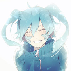 Rule 34 | 11 10 11, 1girl, absurdres, bad id, bad pixiv id, blue hair, blue jacket, blunt ends, blurry, closed eyes, collared jacket, ene (kagerou project), facing viewer, fang, hair between eyes, headphones, highres, jacket, kagerou project, mekakucity actors, open mouth, popped collar, portrait, simple background, smile, solo, teeth, track jacket, twintails, upper body, white background, zipper