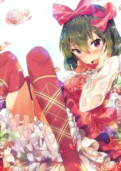 Rule 34 | 10s, 1girl, bad id, bad twitter id, blush, bow, dress, embarrassed, green hair, hair bow, hands on own cheeks, hands on own face, highres, idolmaster, idolmaster million live!, looking at viewer, nagayoshi subaru, narumi arata, open mouth, red eyes, short hair, solo, tears