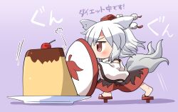 Rule 34 | 1girl, animal ears, bare shoulders, barefoot, black skirt, blush, cherry, detached sleeves, food, from side, fruit, full body, geta, inubashiri momiji, japanese clothes, pudding, purple background, red eyes, red skirt, rokugou daisuke, shield, short hair, signature, simple background, skirt, solo, tail, touhou, translation request, white hair, white sleeves, wide sleeves, wolf ears, wolf tail