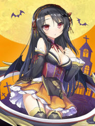 Rule 34 | 10s, 1girl, 47agdragon, ange vierge, bare shoulders, bat (animal), bat wings, black thighhighs, blush, breasts, character request, cleavage, commentary request, corset, detached collar, detached sleeves, dress, full moon, garter straps, long hair, maid headdress, moon, red eyes, solo, strapless, strapless dress, thighhighs, wings