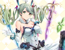Rule 34 | 1girl, bad id, bad pixiv id, breasts, collar, commentary, de la fille, dress, drill hair, elbow gloves, gem, gloves, gradient hair, granblue fantasy, green eyes, green hair, hair ornament, hand on own face, jewelry, koretsuki azuma, large breasts, multicolored hair, smile, sparkle, strapless, strapless dress, twintails, weapon