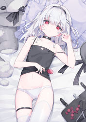 Rule 34 | 1girl, bed sheet, black camisole, black choker, black hairband, camisole, candy, choker, commentary, food, hair ornament, hairband, hairclip, highres, holding, holding candy, holding food, holding lollipop, koyubita, lollipop, lying, medium hair, navel, original, panties, parted lips, pillow, red eyes, solo, spaghetti strap, stuffed animal, stuffed toy, symbol-only commentary, teddy bear, thigh strap, thighhighs, two side up, underwear, underwear only, white hair, white panties, white thighhighs