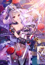 Rule 34 | 1girl, :o, bow, breasts, choker, cleavage, cup, dress, flower, frills, from above, ganik (pisshine), gauntlets, gem, gothic lolita, hair bow, lace, large breasts, lolita fashion, long hair, looking at viewer, original, petals, pocket watch, ponytail, purple dress, purple eyes, purple hair, rose, sitting, solo, sparkle, sword, teacup, teapot, tiara, tray, watch, weapon