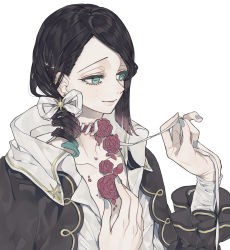 Rule 34 | 1boy, alternate body fluid, alternate costume, alternate hairstyle, ao (ao0 0nemu), asymmetrical hair, bad id, bad pixiv id, black hair, colored tips, curly hair, cuts, deep wound, enmu (kimetsu no yaiba), eyelashes, flower, green eyes, green hair, green nails, grey nails, hair ornament, hair ribbon, hands up, highres, holding, injury, kimetsu no yaiba, long sleeves, looking at viewer, male focus, mole, mole under eye, multicolored hair, nail polish, petals, rectangular pupils, red flower, red hair, red rose, ribbon, rose, side ponytail, simple background, smile, solo, sparkle, streaked hair, untying, upper body, white background
