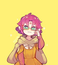 Rule 34 | + +, 1girl, absurdres, artist name, cloak, closed mouth, dress, facial mark, fae (fire emblem), fire emblem, fire emblem: the binding blade, fire emblem heroes, forehead mark, glasses, green eyes, highres, long sleeves, memeh, nintendo, pointy ears, purple hair, short hair, simple background, smile, solo, yellow background