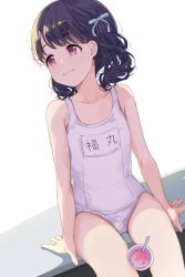Rule 34 | 1girl, bare arms, bare shoulders, black hair, collarbone, commentary request, curly hair, dutch angle, fukumaru koito, hair ribbon, highres, hiroki (yyqw7151), idolmaster, idolmaster shiny colors, looking away, medium hair, name tag, one-piece swimsuit, purple eyes, ribbon, school swimsuit, sitting, solo, swimsuit, thighs, twintails, white one-piece swimsuit