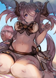 Rule 34 | 10s, 1girl, bikini, blue eyes, breasts, cleavage, double bun, draph, ecens, granblue fantasy, hair over one eye, heart, heart-shaped pupils, horns, large breasts, bridal garter, light purple hair, long hair, looking at viewer, narmaya (granblue fantasy), navel, pointy ears, sitting, smile, solo, swimsuit, symbol-shaped pupils, twintails, white bikini