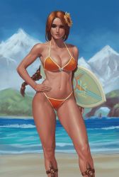 Rule 34 | 1girl, bare shoulders, beach, bikini, blue sky, braid, brown eyes, brown hair, closed mouth, collarbone, day, fingernails, g21mm, halterneck, hand on own hip, highres, holding, holding surfboard, league of legends, leona (league of legends), long hair, mountain, ocean, orange bikini, outdoors, pool party leona, realistic, sand, signature, sky, solo, standing, string bikini, surfboard, swimsuit, water