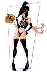 Rule 34 | 1girl, bare shoulders, black footwear, black gloves, black hair, black panties, blunt bangs, boots, breasts, cleavage, crop top, elbow gloves, extra arms, full body, gloves, halloween, hana hana no mi, hand on own hip, hat, high heel boots, high heels, holding, light smile, long hair, looking at viewer, midriff, navel, nico robin, no pants, one piece, panties, pigeon-toed, pumpkin, smile, solo, standing, strapless, thigh boots, thighhighs, underwear, witch hat