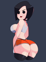 Rule 34 | 1girl, absurdres, ass, black choker, black hair, black thighhighs, breasts, button eyes, buttons, choker, coraline, coraline (film), crop top, cropped legs, dolphin shorts, from behind, grey tank top, highleg, highleg panties, highres, large breasts, lipstick, looking back, makeup, micro shorts, mole, mole above mouth, other mother, panties, postblue98, raised eyebrow, red lips, shorts, solo, tank top, thighhighs, underwear