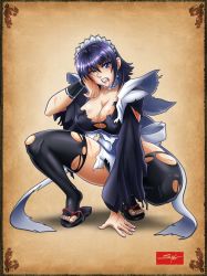 Rule 34 | 1girl, absurdres, black hair, black thighhighs, blood, blood from mouth, blue eyes, bow, breasts, choker, cleavage, fernando sano, highres, injury, iroha (samurai spirits), large breasts, maid, maid headdress, samurai spirits, sandals, sano br, sash, short hair, solo, squatting, thighhighs, toeless legwear, toes, torn clothes, torn thighhighs