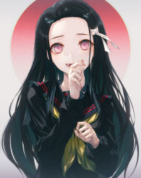 Rule 34 | 1girl, black hair, black sailor collar, black serafuku, blush, circle, commentary request, fangs, fingernails, forehead, hair ribbon, hand up, kamado nezuko, kimetsu no yaiba, korean commentary, long hair, long sleeves, looking at viewer, neckerchief, open mouth, partial commentary, pink eyes, ribbon, sailor collar, school uniform, serafuku, sharp fingernails, simple background, solo, upper body, wanke, yellow neckerchief