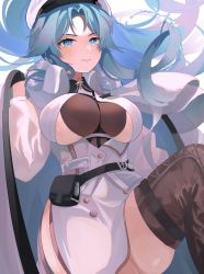 Rule 34 | 1girl, azur lane, belt, belt pouch, between breasts, black belt, blue eyes, blue hair, breasts, brown thighhighs, center opening, clothing cutout, coat, floating hair, highres, jacket, large breasts, leg up, long hair, long sleeves, looking at viewer, military jacket, miniskirt, parted bangs, parted lips, pencil skirt, pouch, side slit, skirt, smile, solo, sovetskaya belorussiya (azur lane), suzuyama baketsu, thigh strap, thighhighs, underboob cutout, very long hair, white coat, white jacket, white skirt
