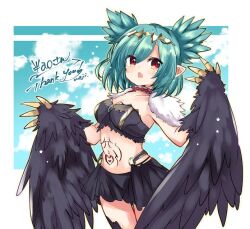 Rule 34 | 1girl, bird legs, black feathers, black wings, blush, breasts, claws, commentary, feathers, green hair, harpy, indie virtual youtuber, lincoro, monster girl, navel, open mouth, pointy ears, red eyes, short hair, short twintails, small breasts, solo, stomach tattoo, tattoo, thank you, tiara, twintails, ueji bun, virtual youtuber, winged arms, wings