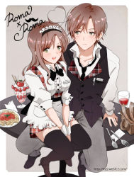 Rule 34 | 1boy, 1girl, ahoge, alcohol, alternate costume, apron, arm support, axis powers hetalia, bad id, bad pixiv id, basket, black thighhighs, blush, breasts, brown hair, character name, couple, cup, drinking glass, dual persona, facial hair, food, fork, from above, genderswap, genderswap (mtf), green eyes, happy, heart, hetero, high heels, hishi (k-xaby), large breasts, leaning, maid headdress, miniskirt, mustache, name tag, napkin, necktie, pants, parfait, pasta, pen, plaid, plate, ribbon, shoes, short hair, sitting, sitting on person, skirt, southern italy (hetalia), spaghetti, spoon, table, text focus, thighhighs, tomato, v arms, vest, waiter, waitress, wavy hair, wine, wine glass, wrist cuffs, zettai ryouiki