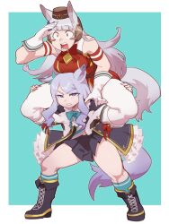 Rule 34 | 2girls, animal ears, aqua background, arm up, armband, blunt bangs, blush, border, breasts, carrying, commentary request, earmuffs, gloves, gold ship (umamusume), hat, highres, horse ears, horse girl, horse tail, legs apart, long hair, looking away, medium breasts, mejiro mcqueen (umamusume), midriff peek, multiple girls, open hands, open mouth, outside border, piggyback, pleated skirt, purple eyes, sanjiro (tenshin anman), sanpaku, shoes, simple background, skirt, sleeveless, small breasts, tail, tareme, thick thighs, thighs, tsurime, umamusume, white border, white footwear, white gloves