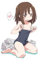 Rule 34 | 1girl, bare shoulders, barefoot, blush, brown eyes, brown hair, collarbone, competition school swimsuit, closed eyes, feet, flat chest, heart, ixy, kitanaga, legs, looking at viewer, one-piece swimsuit, school swimsuit, short hair, simple background, sitting, smile, solo, spoken heart, swimsuit, thighs, toes, ueno-san wa bukiyou, wariza, white background