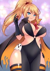 Rule 34 | 1girl, alternate costume, blonde hair, blue eyes, breasts, candy, cape, cleavage, cosplay, food, gloves, grin, halloween, halloween costume, hand on own hip, high ponytail, highres, large breasts, long hair, looking at viewer, metroid, night, night sky, nintendo, ponytail, revealing clothes, ribbon, samus aran, shiny skin, sideboob, sky, smile, solo, standing, striped clothes, striped thighhighs, sugarbell, thighhighs, thighs, vampire costume