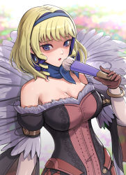 Rule 34 | 1girl, :o, bangle, bare shoulders, blonde hair, blue choker, blue eyes, blue hairband, bracelet, breasts, brown gloves, choker, cleavage, collarbone, commentary, constance von nuvelle, dress, drill hair, drill sidelocks, earrings, fire emblem, fire emblem: three houses, fire emblem warriors, fire emblem warriors: three hopes, folding fan, fur-trimmed dress, fur trim, gloves, gonzarez, hairband, hand fan, hand up, highres, holding, holding fan, jewelry, large breasts, looking at viewer, nintendo, off-shoulder dress, off shoulder, official alternate hairstyle, parted lips, shaded face, short hair, short sleeves, sidelocks, solo, upper body