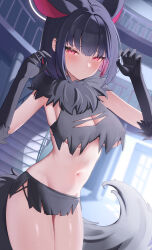 1girl absurdres animal_ears black_gloves black_hair black_skirt blue_archive breasts cat_ears cat_girl cleavage cleavage_cutout closed_mouth clothing_cutout colored_inner_animal_ears colored_inner_hair commentary_request crop_top elbow_gloves fur-trimmed_gloves fur_scarf fur_trim gloves halloween_costume hands_up highres jinmuxi_(user_pvha4443) kazusa_(blue_archive) kazusa_(halloween)_(blue_archive) large_breasts looking_at_viewer microskirt multicolored_hair official_alternate_costume pink_eyes pink_hair short_hair skirt solo stomach tail thighs underboob werewolf_costume wolf_tail