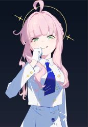 Rule 34 | 1girl, ahoge, ba fed kitaku, blue archive, blue background, blue necktie, buttons, collared jacket, dress, gloves, green eyes, halo, hand up, horizontal pupils, jacket, kaya (blue archive), long hair, long sleeves, looking at viewer, necktie, pink hair, simple background, slit pupils, sneer, solo, tongue, tongue out, upper body, white dress, white gloves, white jacket