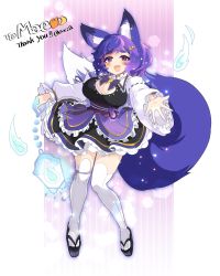 Rule 34 | 1girl, animal ears, axia (03400441), blush, bow, breasts, commission, dress, fox ears, fox girl, fox tail, hair ornament, hairclip, highres, indie virtual youtuber, large breasts, mae the kitsune, purple eyes, purple hair, sandals, skeb commission, smile, tail, thighhighs, virtual youtuber