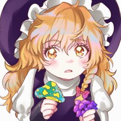 Rule 34 | 1girl, black hat, black vest, blonde hair, blush, bow, braid, commentary request, hair between eyes, hair bow, hat, highres, holding, juliet sleeves, kirisame marisa, long hair, long sleeves, looking at viewer, mushroom, parted lips, puffy sleeves, purple bow, rosette (roze-ko), shirt, simple background, single braid, sleeves past wrists, solo, star (symbol), touhou, upper body, vest, white background, white shirt, witch hat, yellow eyes
