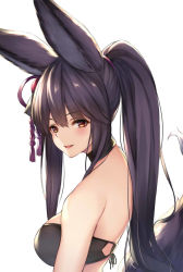 Rule 34 | 1girl, animal ears, backless outfit, bare shoulders, black hair, blunt bangs, breasts, erune, fox ears, fur, granblue fantasy, hair ornament, long hair, looking at viewer, looking to the side, medium breasts, parted lips, ponytail, red eyes, simple background, solo, tail, upper body, white background, ym (distance819), yuel (granblue fantasy)