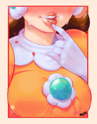 Rule 34 | 1girl, absurdres, blush, border, breasts, brown hair, dress, earrings, gloves, head out of frame, highres, jewelry, lips, mario (series), medium breasts, nagainosfw, nintendo, open mouth, orange dress, princess daisy, solo, sweat, teeth, upper body, white gloves