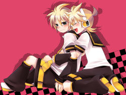 Rule 34 | 2boys, annoyed, bad id, bad pixiv id, blue eyes, blush, child, clone, closed eyes, dual persona, full body, headphones, headset, hug, hug from behind, kagamine len, male focus, multiple boys, necktie, open mouth, short hair, simple background, smile, vocaloid, yaoi, yomorin