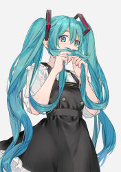 Rule 34 | 0ctter, 1girl, aqua eyes, aqua hair, black dress, commentary, covering own mouth, dress, fake facial hair, fake mustache, frilled sleeves, frills, grey background, hair ornament, hands up, hatsune miku, holding, holding own hair, long hair, looking at viewer, petticoat, shirt, solo, strapless, strapless shirt, twintails, upper body, very long hair, vocaloid, white shirt