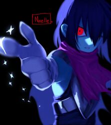 Rule 34 | 1other, armor, black background, black hair, blue skin, colored skin, deltarune, english text, gloves, hair between eyes, hair over one eye, highres, kanten pan, kris (deltarune), looking at viewer, other focus, parted lips, pointing, red eyes, scarf, solo, sparkle, speech bubble, upper body, white gloves