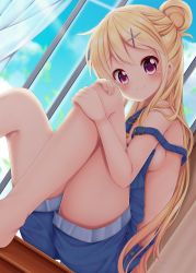 Rule 34 | blonde hair, blush, breasts, day, from side, highres, kin-iro mosaic, kujou karen, looking at viewer, medium breasts, minato ojitan, naked overalls, no bra, overall shorts, overalls, purple eyes, sideboob, sky, smile, solo, window