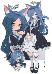 Rule 34 | 1girl, animal ear fluff, animal ears, ascot, black dress, black footwear, blue hair, bow, bridal garter, cat ears, cat girl, cat tail, chibi, chibi inset, color guide, commission, cross-shaped pupils, cross print, dress, frilled dress, frills, full body, glasses, green eyes, grey background, grey eyes, hair intakes, hair ornament, hair over one eye, hairpin, halo, hand up, heterochromia, kasa (hitori sanka), kneehighs, long hair, long sleeves, looking at viewer, mary janes, multiple views, one eye covered, original, own hands together, round eyewear, shoes, sidelocks, skeb commission, smile, socks, standing, swept bangs, symbol-shaped pupils, tail, tail bow, tail ornament, two-tone background, v arms, white ascot, white background, white socks