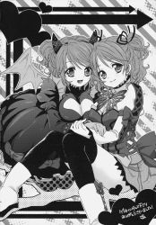 Rule 34 | 2girls, arrow (symbol), bat wings, bow, brooch, cheria barnes, cleavage cutout, clothing cutout, demon horns, dual persona, gloves, greyscale, hair bow, heart, highres, horns, jewelry, miniskirt, monochrome, multiple girls, official alternate costume, shoes, short hair, sitting, skirt, tales of (series), tales of graces, thighhighs, two side up, wings, yonko