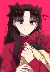 Rule 34 | 1girl, black bow, blue eyes, blush, bouquet, bow, brown hair, closed mouth, fate/stay night, fate (series), flower, hair bow, hair intakes, hakushuu (zhka7235), holding, holding bouquet, long hair, long sleeves, looking at viewer, red background, red flower, red rose, red sweater, rose, sketch, smile, solo, sweater, tohsaka rin, upper body