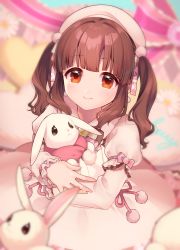 Rule 34 | blunt bangs, blurry, blush, brown hair, collared dress, depth of field, dress, hair intakes, hat, headdress, highres, holding, holding stuffed toy, idolmaster, idolmaster cinderella girls, long hair, ogata chieri, pom pom (clothes), red eyes, smile, solo, stuffed animal, stuffed rabbit, stuffed toy, twintails, wavy hair, white hat
