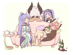 Rule 34 | 1boy, 3girls, 7dango7, alcohol, armlet, asterios (fate), asymmetrical gloves, asymmetrical legwear, aunt and niece, black sclera, blue hair, blush, boots, bottle, bracelet, brown wings, circe (fate), colored sclera, dress, drunk, euryale (fate), fate/grand order, fate/hollow ataraxia, fate/stay night, fate (series), feathered wings, frilled hairband, frills, gloves, hairband, head wings, headdress, headpiece, highres, holding, holding bottle, horns, jewelry, lolita hairband, long hair, magical girl, medea (fate), medea (lily) (fate), mismatched gloves, mismatched legwear, multiple girls, pointy ears, ponytail, purple hair, red eyes, sake, sake bottle, strapless, strapless dress, thigh boots, thighhighs, thighlet, white dress, white hair, winged hair ornament, wings
