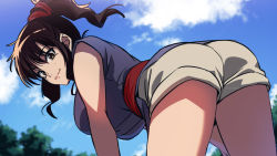 Rule 34 | 1girl, asada hachi, ass, banned artist, basilisk (manga), bent over, blue sky, blurry, blurry background, breasts, brown eyes, brown hair, closed mouth, cloud, commentary request, grey shorts, hair between eyes, highres, japanese clothes, kimono, large breasts, light blush, lips, long hair, looking at viewer, looking back, okoi, outdoors, ponytail, purple kimono, red sash, sash, shadow, short kimono, shorts, sky, smile, solo, twitter username, watermark