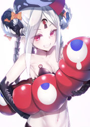 Rule 34 | 1girl, abigail williams (fate), abigail williams (swimsuit foreigner) (fate), abigail williams (swimsuit foreigner) (first ascension) (fate), bare shoulders, bikini, black bikini, black bow, blush, bow, breasts, collarbone, colored skin, double bun, expo2025, fate/grand order, fate (series), forehead, grin, hair bun, highres, keyhole, long hair, looking at viewer, micro bikini, multiple bows, myaku-myaku, navel, orange bow, parted bangs, pink eyes, sharp teeth, sidelocks, silly (marinkomoe), simple background, small breasts, smile, sparkle, swimsuit, tearing up, teeth, third eye, very long hair, white background, white hair, white skin