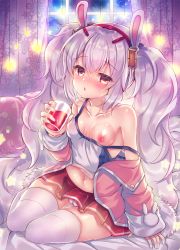Rule 34 | 1girl, animal ears, azur lane, bare shoulders, blush, breasts, rabbit hair ornament, cameltoe, camisole, chestnut mouth, collarbone, commentary request, cup, curtains, drink, drinking glass, fake animal ears, fur trim, hair ornament, hairband, holding, holding cup, indoors, jacket, laffey (azur lane), long hair, long sleeves, looking at viewer, midriff, miniskirt, navel, nipples, no bra, nose blush, off shoulder, open clothes, open jacket, panties, parted lips, pink jacket, pleated skirt, red skirt, shirt, silver hair, sitting, skirt, sleeves past wrists, small breasts, solo, star (symbol), strap slip, suzunone rena, sweat, thigh gap, thighhighs, twintails, underwear, very long hair, white panties, white shirt, white thighhighs, window, yellow eyes