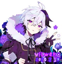 Rule 34 | 1girl, ahoge, androgynous, arm warmers, black hair, character name, coat, dated, dress shirt, flower, flower (vocaloid), flower (vocaloid4), fur trim, gloves, highres, hood, hood down, multicolored hair, neck ribbon, open mouth, purple eyes, ribbon, shirt, short hair, single arm warmer, star (symbol), tomboy, two-tone hair, user hpax4234, v, vocaloid, watch, white hair, winter clothes, winter coat, winter uniform, wristwatch