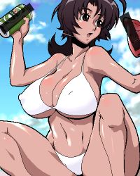 Rule 34 | 00s, alcohol, amaha masane, beer, bikini, breasts, brown eyes, brown hair, censored, day, huge breasts, lowres, oekaki, open mouth, pointless censoring, saliva, soda, solo, squatting, swimsuit, white bikini, witchblade