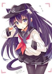 Rule 34 | 1girl, akatsuki (kancolle), anchor symbol, black skirt, blush, flat cap, hair between eyes, hair ornament, hat, highres, hizaka, kantai collection, long hair, looking at viewer, messy hair, neckerchief, one-hour drawing challenge, open mouth, pantyhose, pleated skirt, purple eyes, purple hair, red neckerchief, school uniform, serafuku, simple background, skirt, smile, solo, twitter username, v, white background