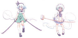 Rule 34 | 2girls, alternate costume, apron, blue eyes, blush, braid, broom, cosplay, costume switch, dual wielding, enmaided, hairband, highres, holding, izayoi sakuya, izayoi sakuya (cosplay), konpaku youmu, konpaku youmu (cosplay), konpaku youmu (ghost), maid, maid apron, mop, multiple girls, ribbon, short hair, silver hair, simple background, skirt, skirt set, sword, taiga mahoukan, touhou, twin braids, waist apron, weapon, white background
