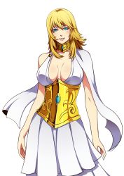 Rule 34 | 1girl, athena (saint seiya), blonde hair, blue eyes, breasts, dress, highres, large breasts, looking at viewer, saint seiya, simple background, smile, solo, white background, white dress