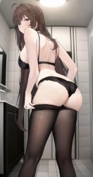 Rule 34 | 1girl, ahoge, arched back, ass, bad id, bad twitter id, bare shoulders, black bra, black panties, blue eyes, bra, breasts, brown hair, butt crack, cabinet, closed mouth, clothes pull, commission, feet out of frame, fine fabric emphasis, from below, hair intakes, highres, indoors, large breasts, leaning forward, long hair, looking at viewer, looking back, median furrow, mole, mole on ass, mole on back, mole under mouth, original, panties, pantyhose, pantyhose pull, preview (preview0), shoulder blades, sideboob, sidelocks, solo, standing, thighs, tile floor, tile wall, tiles, underwear, underwear only, undressing, very long hair